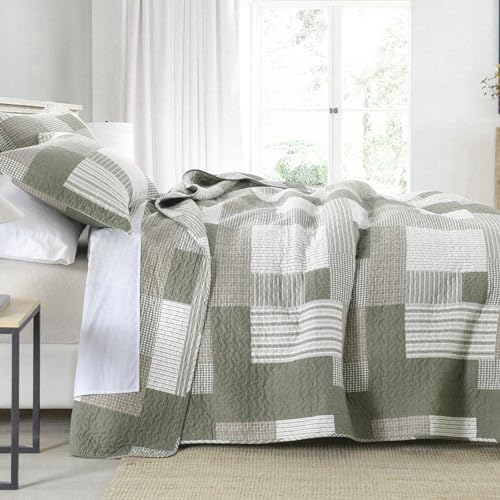 SahSahCasa Quilt King Size, King Quilt Set, 100% Cotton King Quilt Bedding Set Bedspreads, Farmhouse Patchwork Quilt, Plaid Reversible Lightweight Rustic Bedspread, Green/Brown, 3Pcs - Image 3