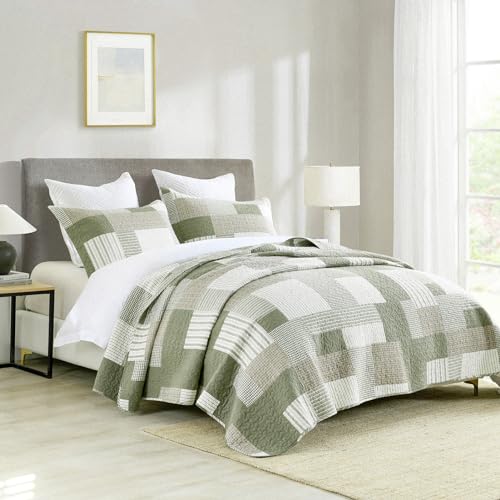 SahSahCasa Quilt King Size, King Quilt Set, 100% Cotton King Quilt Bedding Set Bedspreads, Farmhouse Patchwork Quilt, Plaid Reversible Lightweight Rustic Bedspread, Green/Brown, 3Pcs - Image 2