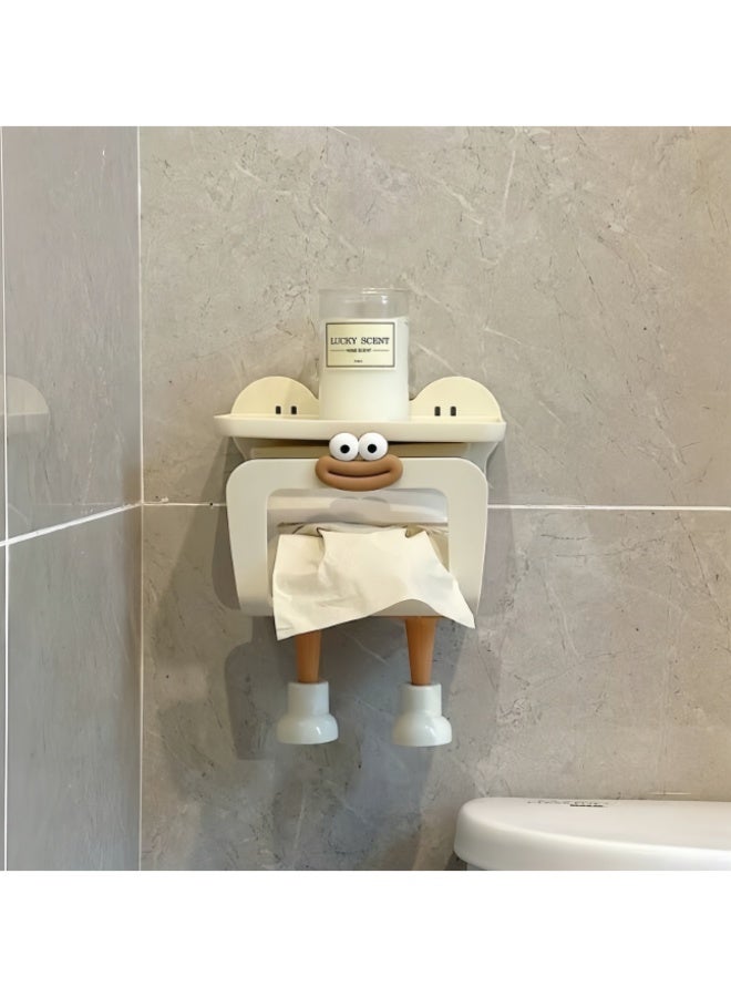 Cute Cartoon Wall Mount Tissue Holder, No Drill Multifunctional Bathroom Organizer, Waterproof Facial Towel Roll Paper Dispenser with Top Storage Shelf, Wall Hanging Napkin Rack for Bathroom Vanity Kitchen - Image 1