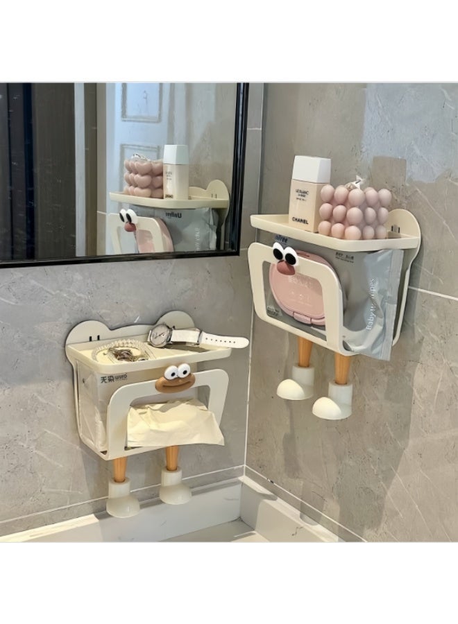 Cute Cartoon Wall Mount Tissue Holder, No Drill Multifunctional Bathroom Organizer, Waterproof Facial Towel Roll Paper Dispenser with Top Storage Shelf, Wall Hanging Napkin Rack for Bathroom Vanity Kitchen - Image 2