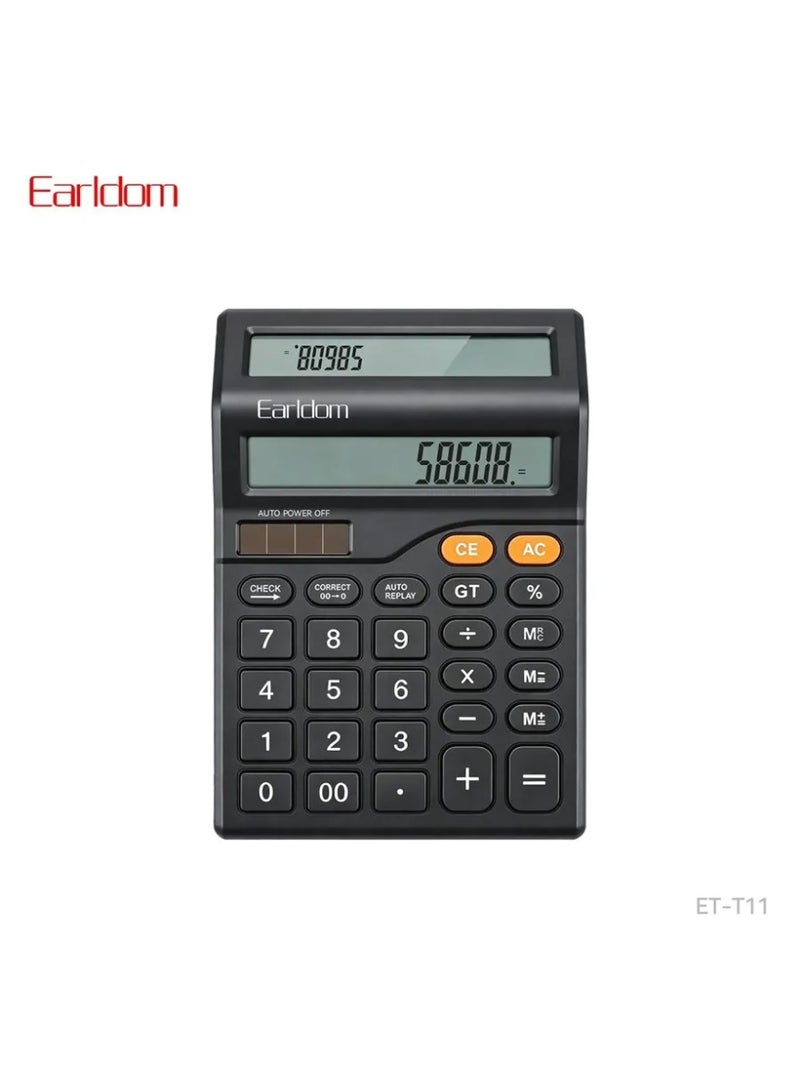 أيرلدوم آلة حاسبة تعمل بالطاقة الشمسية Earldom ET-T11، شاشة مزدوجة، شاشة كبيرة، إيقاف تشغيل تلقائي، بطارية احتياطية (AA) - لون أسود - Image 1