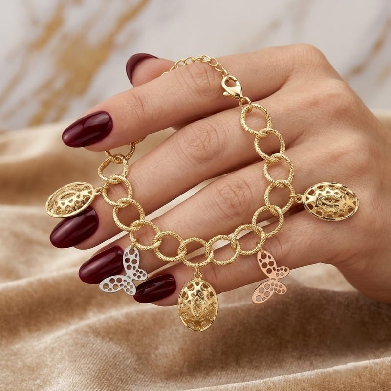 An elegant gold bracelet, with circular rings decorated with hollow oval gold pendants, and butterflies in silver and rose gold, with an adjustable clasp to suit you. - Image 5