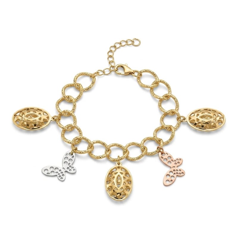 An elegant gold bracelet, with circular rings decorated with hollow oval gold pendants, and butterflies in silver and rose gold, with an adjustable clasp to suit you. - Image 1