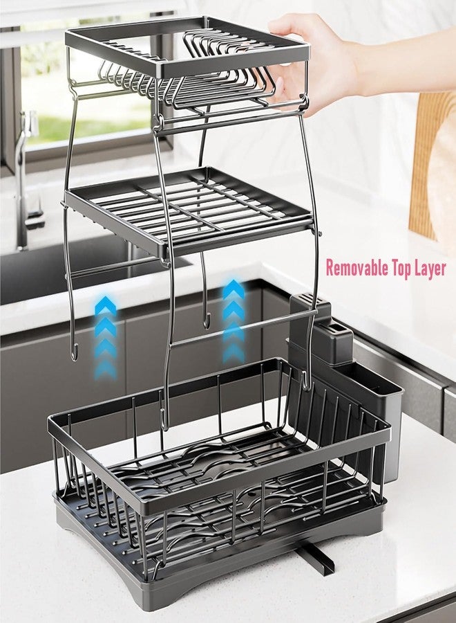 NYTRYD 3 Tier Dish Drainer Rack, Stainless Steel Draining Board Rack with Chopping Board & Cutlery & Cup Holder, 360° Drain Spout, Black. - Image 4