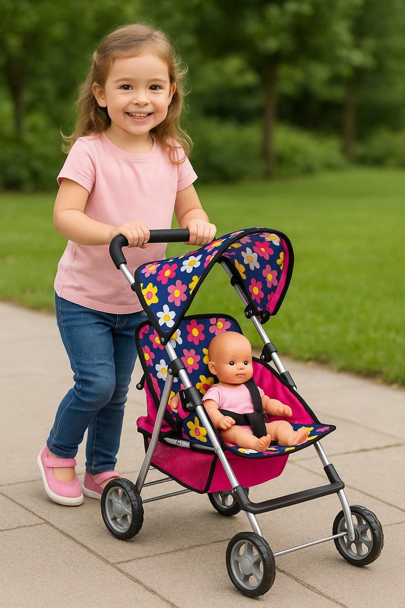 fash n kolor Twin Baby Doll Stroller - Pretend Play Baby Stroller for Dolls - Toy Stroller with Storage Basket for Baby Doll Accessories Set - Flower Design Stroller Toy for Kids - Folds Easily - Image 2