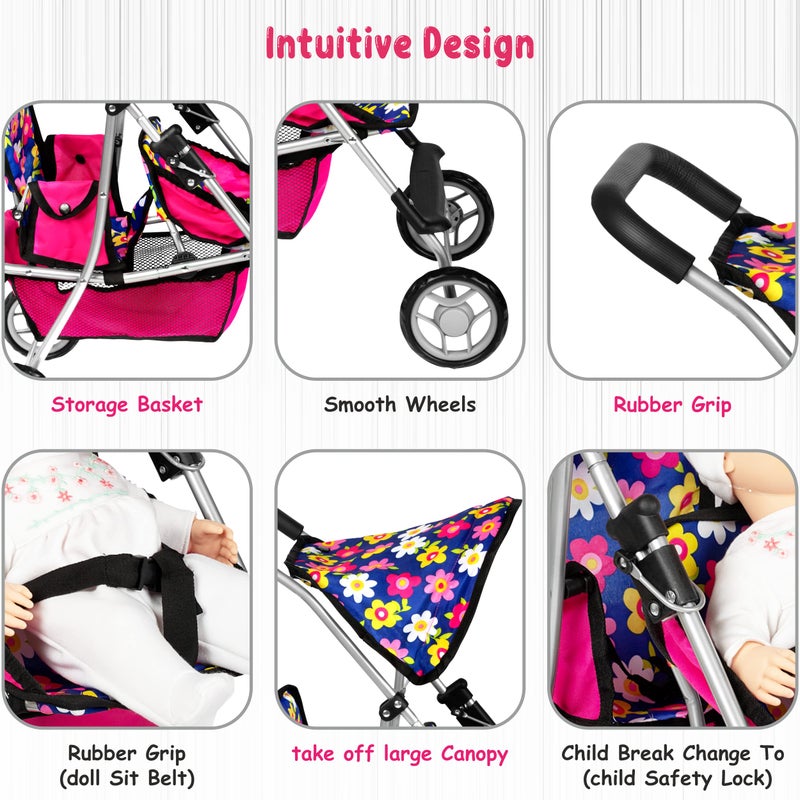 fash n kolor Twin Baby Doll Stroller - Pretend Play Baby Stroller for Dolls - Toy Stroller with Storage Basket for Baby Doll Accessories Set - Flower Design Stroller Toy for Kids - Folds Easily - Image 4