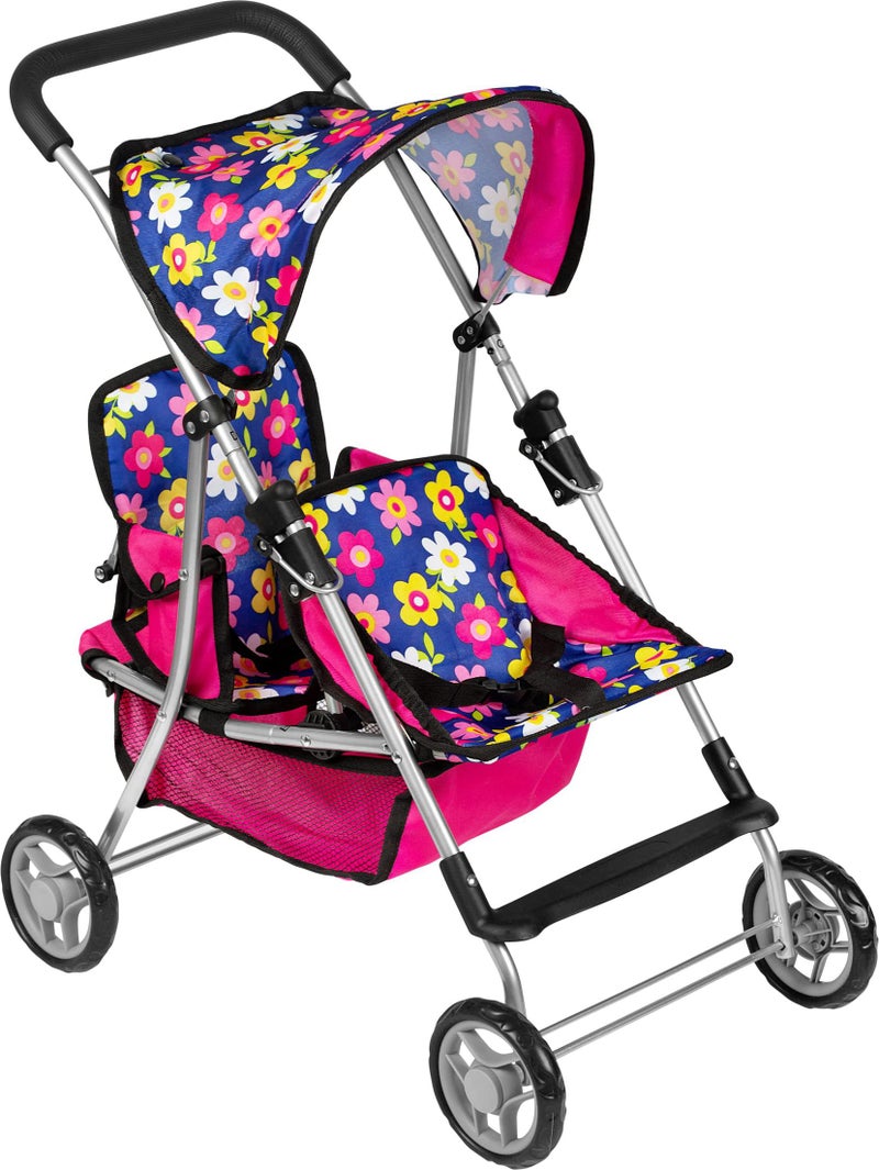 fash n kolor Twin Baby Doll Stroller - Pretend Play Baby Stroller for Dolls - Toy Stroller with Storage Basket for Baby Doll Accessories Set - Flower Design Stroller Toy for Kids - Folds Easily - Image 1