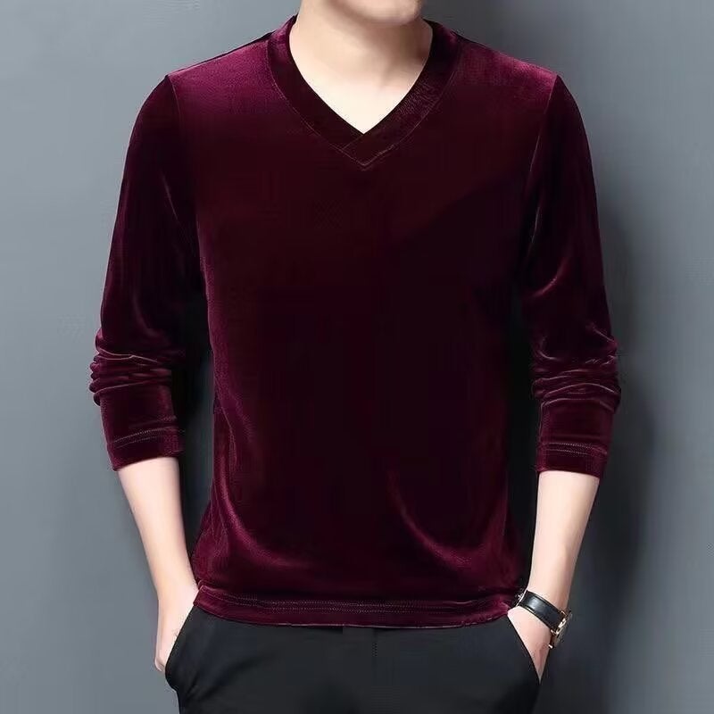 Gold Velvet Solid Color Long-sleeved T-shirt Mens Autumn and Winter V-neck Base Shirt Thermal Underwear Inner Casual Top T-shirt regular wine red