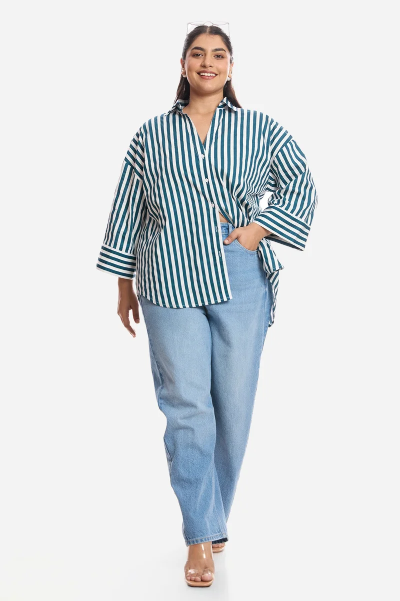 فيرجيو Stripes Cotton Boxy Fit Plus Size Shirt for Women