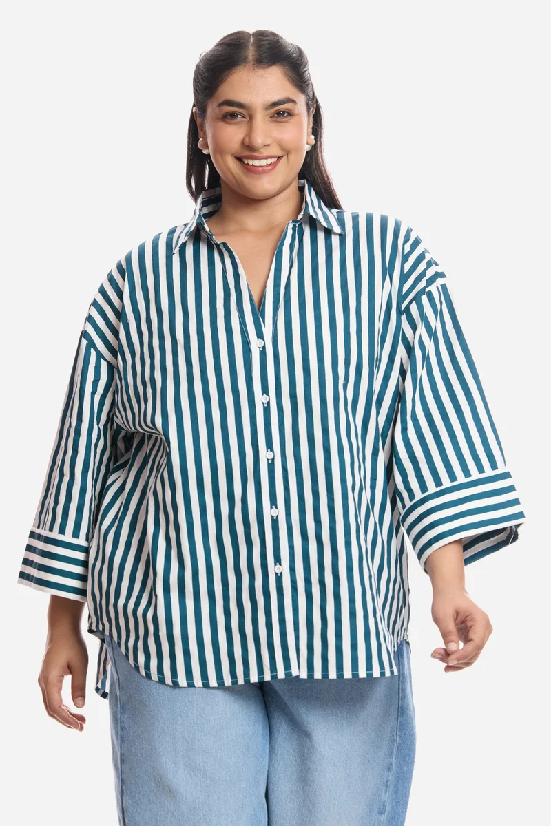 فيرجيو Stripes Cotton Boxy Fit Plus Size Shirt for Women
