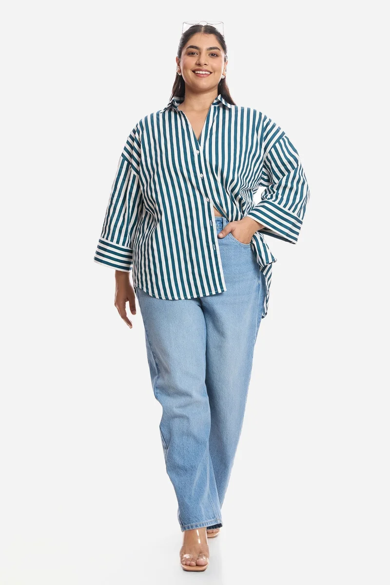 فيرجيو Stripes Cotton Boxy Fit Plus Size Shirt for Women