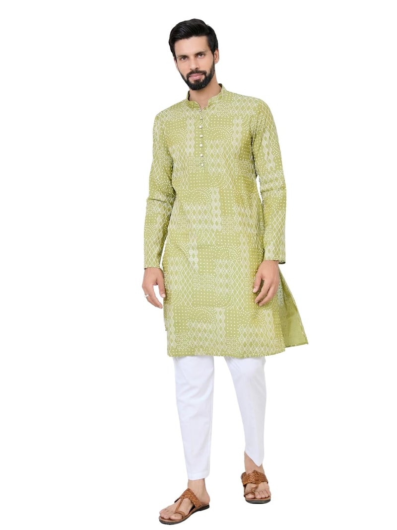 See Designs Men's Full Sleeve Mandarin Collar Green Embossed Printed and Foil Printed Straight Long Kurta with Pyjama - Festive Collection | - SDKT292001XXL - Image 1