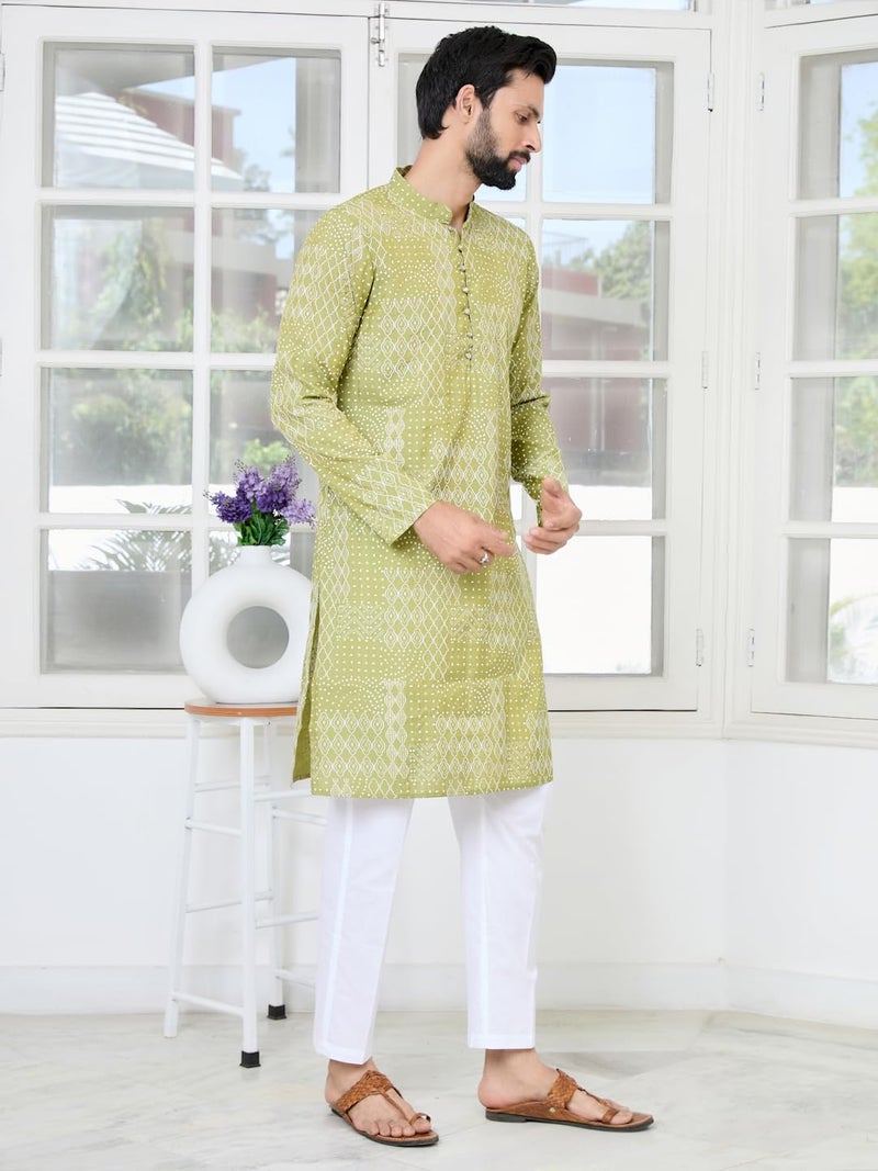 See Designs Men's Full Sleeve Mandarin Collar Green Embossed Printed and Foil Printed Straight Long Kurta with Pyjama - Festive Collection | - SDKT292001XXL - Image 4