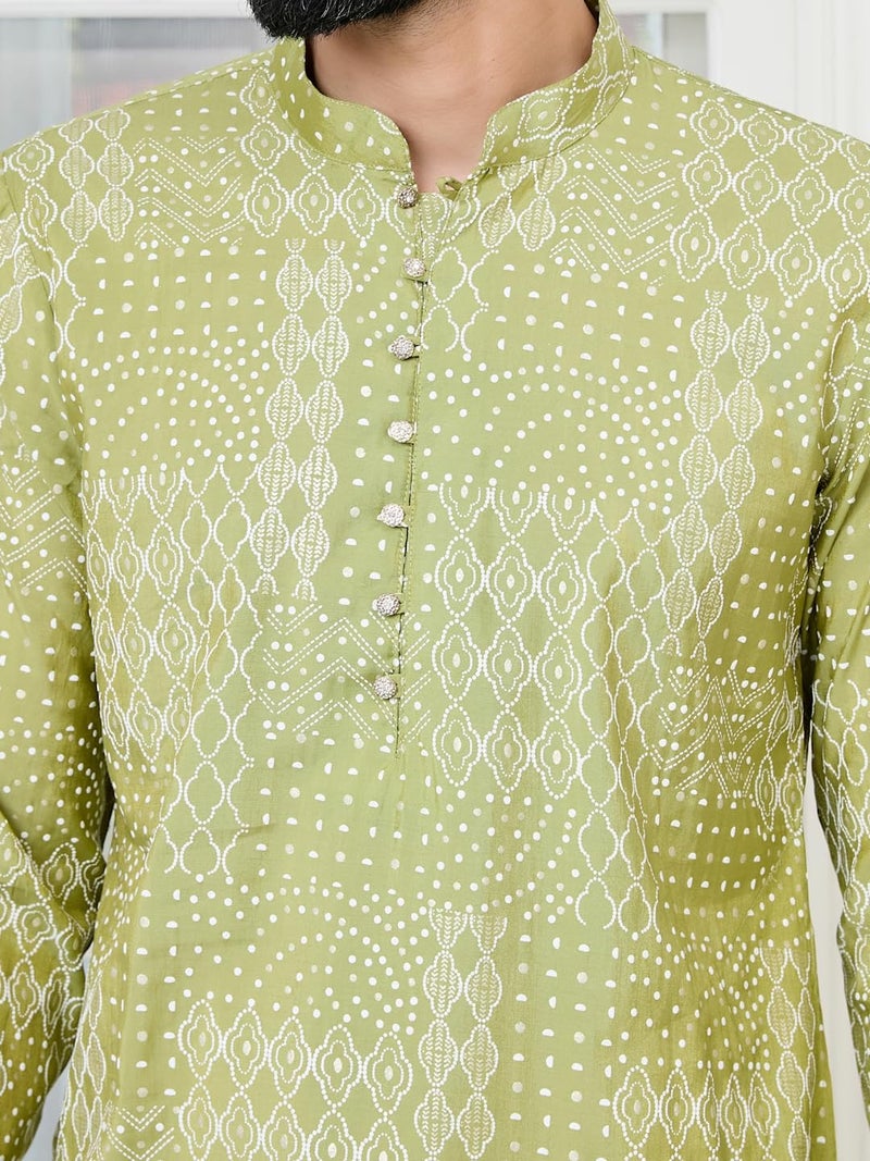 See Designs Men's Full Sleeve Mandarin Collar Green Embossed Printed and Foil Printed Straight Long Kurta with Pyjama - Festive Collection | - SDKT292001XXL - Image 2