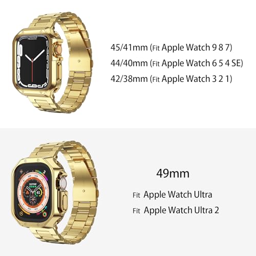MRYUESG Compatible with Apple Watch Ultra 3/2/1 Band and Case, Stainless Steel Metal Chain with TPU Cover, Smart-Watch Link Bracelet Strap for men, Wrist-Band for i-Watch Ultra, 49mm, Gold - Image 3