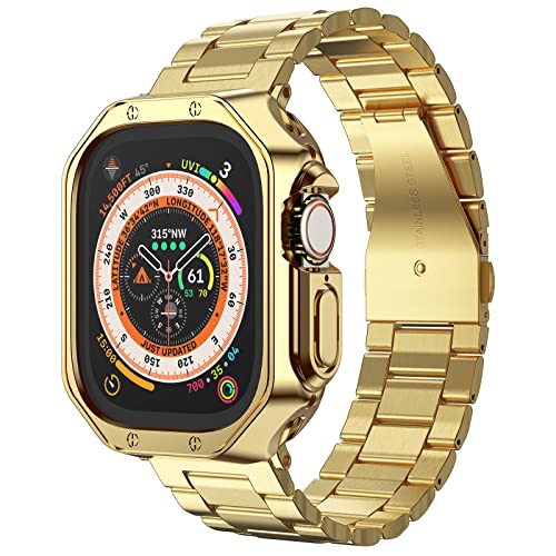 MRYUESG Compatible with Apple Watch Ultra 3/2/1 Band and Case, Stainless Steel Metal Chain with TPU Cover, Smart-Watch Link Bracelet Strap for men, Wrist-Band for i-Watch Ultra, 49mm, Gold - Image 1