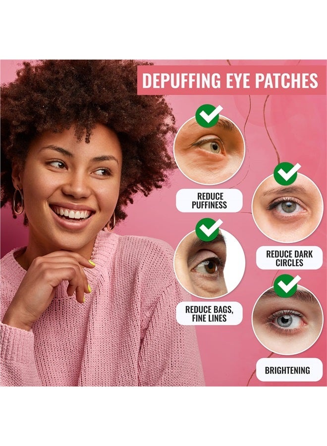 Eye Mask for Puffiness - Under Eye Patches for Dark Circles - Korean Under Eye Mask Patches for Puffy Eyes - Eye Gel Pads Depuffing Eye Brightener with Green Tea, Aloe Vera, Rose, Caffeine, Hydrogel &