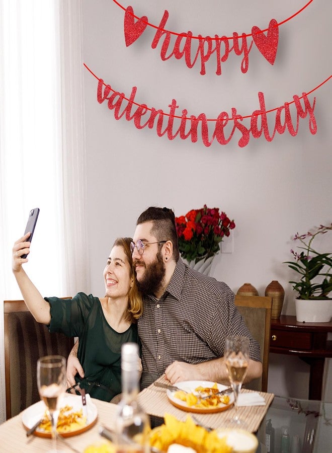 Litmitfu Glitter Happy Valentines Day Banner, Pre-Assemble Valentines Day Banners, Red Valentine's Day Sign with Heart for Valentine Home, Office, Fireplace, Wall and Party Decorations - Image 2