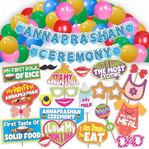 WOBBOX Annaprashan Party Props with Sky Blue Color with Flower Background Bunting Banner & Balloon, Annaprashan Decoration Item (43 Pcs Combo) - Image 1