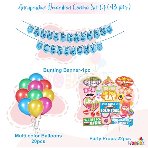 WOBBOX Annaprashan Party Props with Sky Blue Color with Flower Background Bunting Banner & Balloon, Annaprashan Decoration Item (43 Pcs Combo) - Image 2