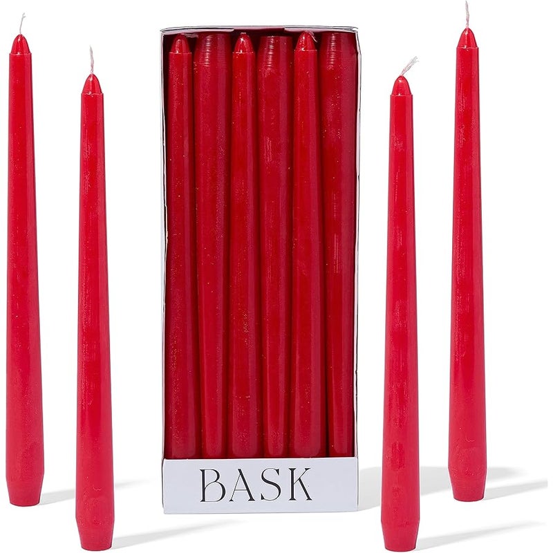 bask Red Taper Candles - Unscented Dripless Long Candles Bulk - Candle Sticks Long Burning 8 Hours - for Candlesticks, Dinner Table, Vigil, Advent, , Thanksgiving, Kwanzaa - 12 Pack,10 Inch Tall - Image 1