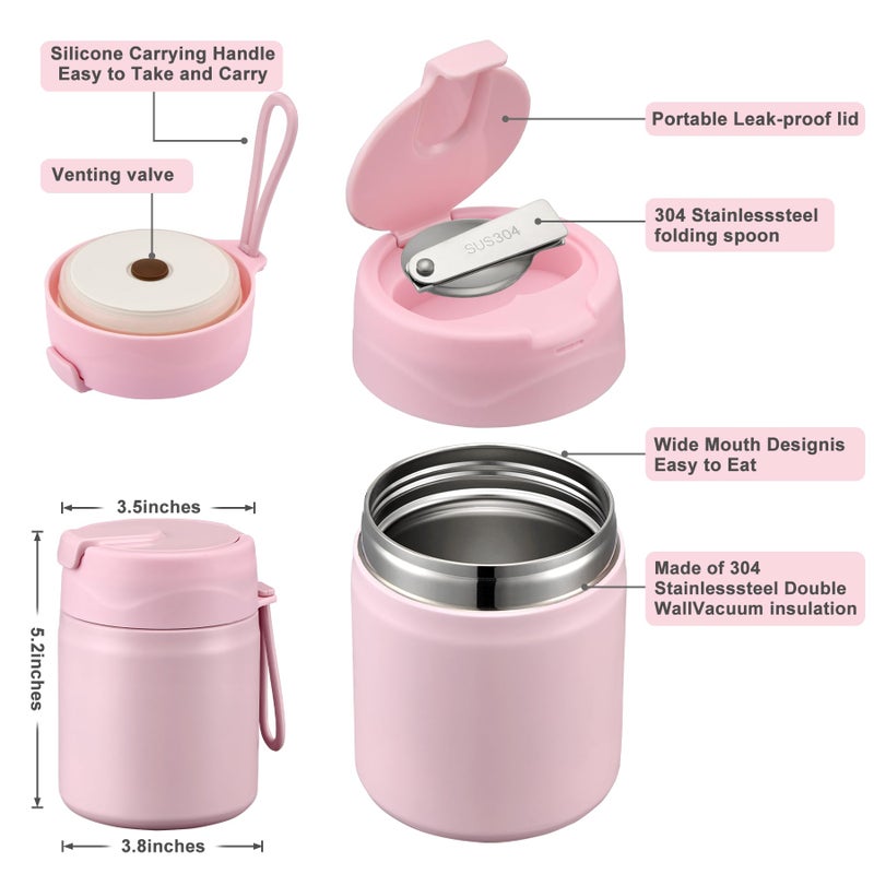 Howeemo 17oz Soup Thermo for Hot Food Kids,Insulated Food Jar with Spoon,Thermo Hot Food Lunch Container,Wide Mouth Leakproof Stainless Steel Lunch Box for School-Pink - Image 2