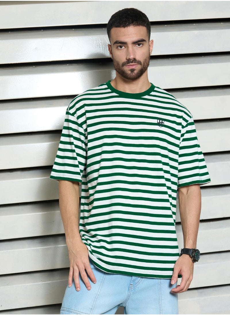 HIGH STAR Green Striped Pockets T-Shirt for Men  - Image 1