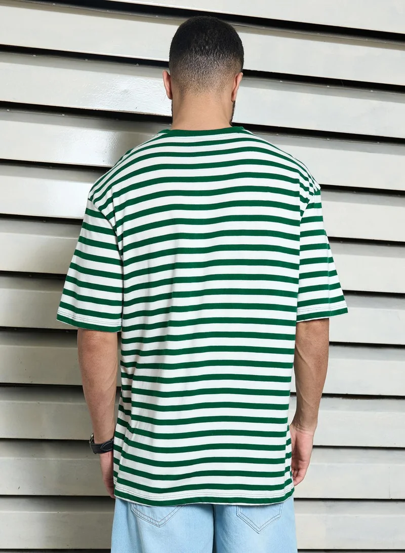 HIGH STAR Green Striped Pockets T-Shirt for Men