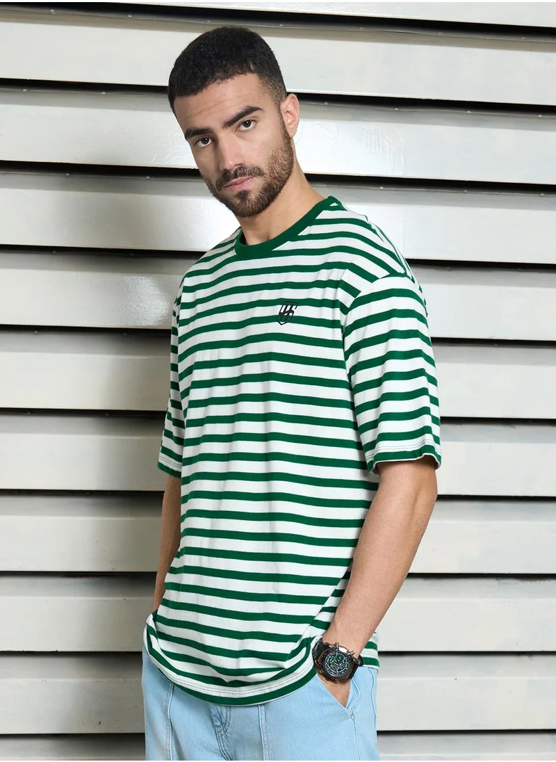 هاي ستار Green Striped Pockets T-Shirt for Men