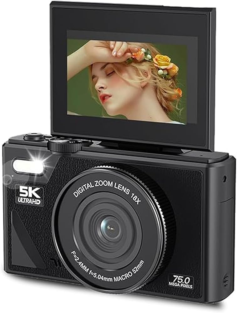 Bewinner 5K Digital Camera, WiFi 75MP Cameras, 18X Autofocus Point and Shoot Digital Camera with 3in 180°Flip Screen, Compact Vlog Travel Camara with SD Card for Photography (128G) - Image 1