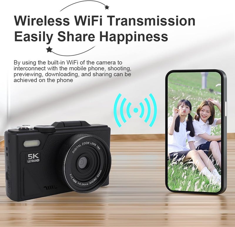 Bewinner 5K Digital Camera, WiFi 75MP Cameras, 18X Autofocus Point and Shoot Digital Camera with 3in 180°Flip Screen, Compact Vlog Travel Camara with SD Card for Photography (128G) - Image 3