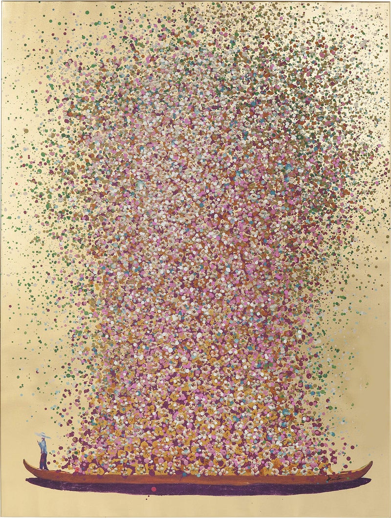 Kare Design Picture Touched Flower Boat GoldPink Cotton Canvas Print Hand Painted Details Creative Wall Art for Living Room Bedroom Hallway 100x80x4 cm HWD