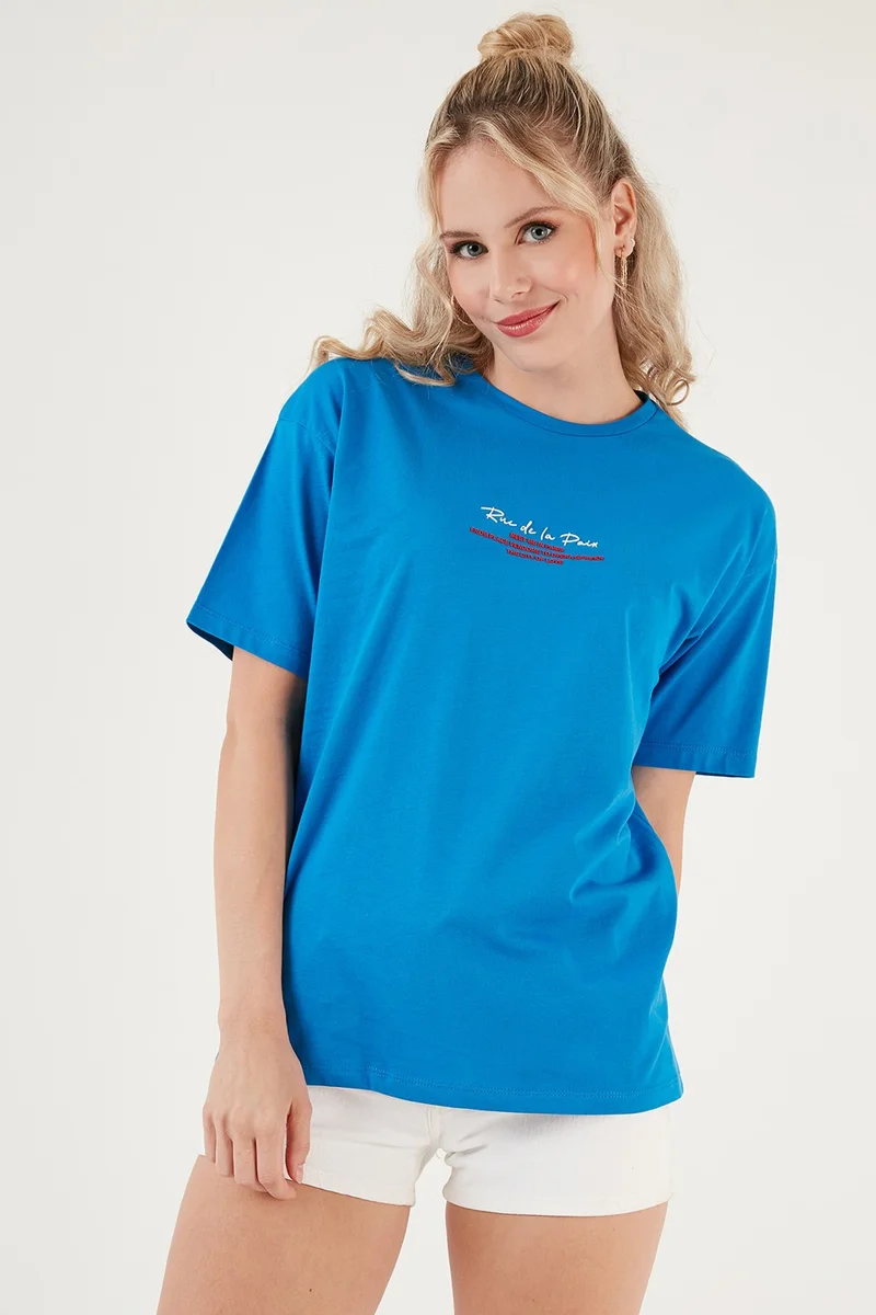 Lela Written Detailed Cotton Oversize Crew Neck T Shirt Women's T Shirt 541RUEDELA