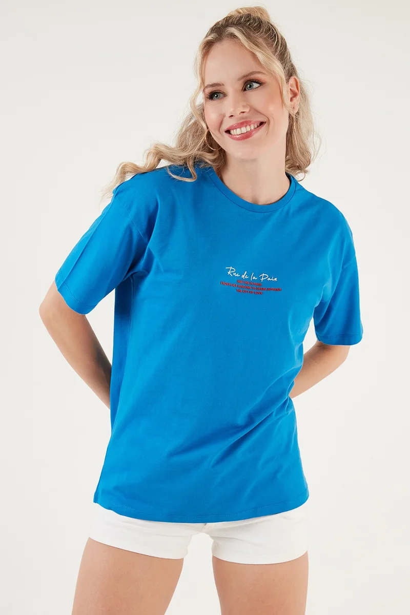 Lela Written Detailed Cotton Oversize Crew Neck T Shirt Women's T Shirt 541RUEDELA
