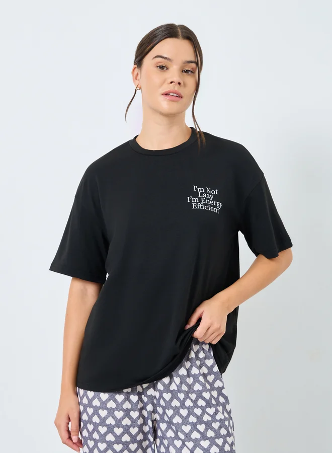 Styli Styli Drop Shoulder Slogan T-Shirt and Heart Cuffed Pyjama Set