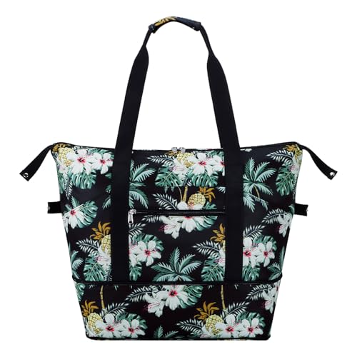HAWEE Expandable Duffel Bag for Women with Trolley Sleeve and Wet Pocket Water Repellent Weekender Travel Tote Large Capacity Carry On Overnight Luggage for GymTripCampingBeach Palm Tree - Image 1