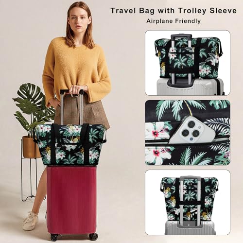 HAWEE Expandable Duffel Bag for Women with Trolley Sleeve and Wet Pocket Water Repellent Weekender Travel Tote Large Capacity Carry On Overnight Luggage for GymTripCampingBeach Palm Tree - Image 3