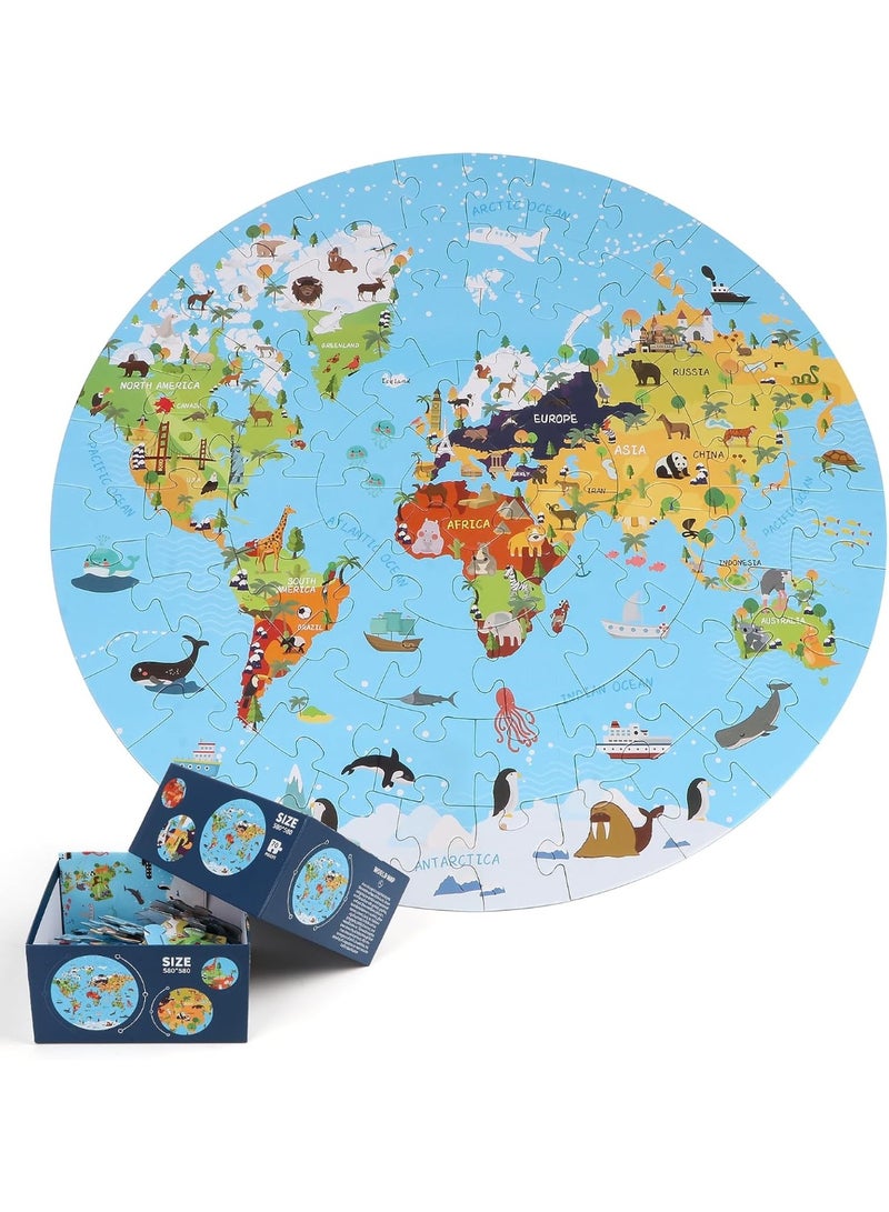 Capstro 70 Piece Round World Map Puzzle for Kids – Educational Jigsaw with Animals & Continents | 58cm Large Floor Learning Toy for Boys & Girls – Blue Earth - Image 1