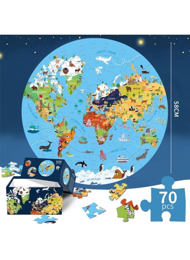Capstro 70 Piece Round World Map Puzzle for Kids – Educational Jigsaw with Animals & Continents | 58cm Large Floor Learning Toy for Boys & Girls – Blue Earth - Image 5