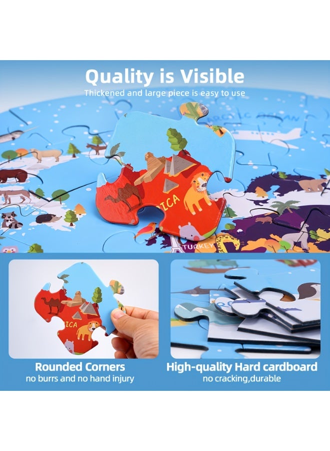 Capstro 70 Piece Round World Map Puzzle for Kids – Educational Jigsaw with Animals & Continents | 58cm Large Floor Learning Toy for Boys & Girls – Blue Earth - Image 3