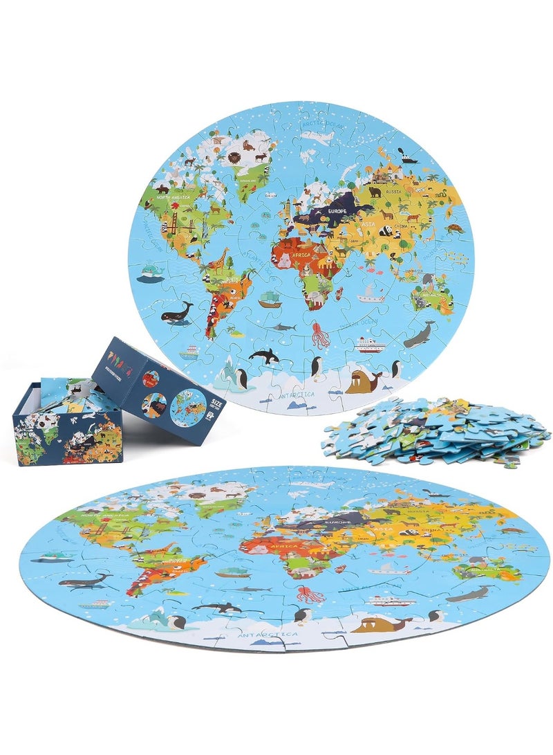 Capstro 70 Piece Round World Map Puzzle for Kids – Educational Jigsaw with Animals & Continents | 58cm Large Floor Learning Toy for Boys & Girls – Blue Earth - Image 4