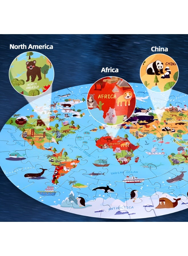 Capstro 70 Piece Round World Map Puzzle for Kids – Educational Jigsaw with Animals & Continents | 58cm Large Floor Learning Toy for Boys & Girls – Blue Earth - Image 2