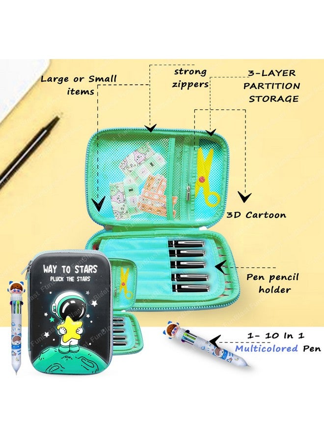 فنبلاست حافظة أقلام فن بلاست سبيس للأطفال، جراب أقلام يحتوي على 10 ألوان في قلم واحد، حافظة أقلام للأولاد، هدايا إرجاع بطابع الفضاء للأطفال، صندوق أقلام للأطفال بطابع الفضاء ورائد الفضاء (أخضر، أسيتات فينيل إيثيلين (EVA)) - Image 3