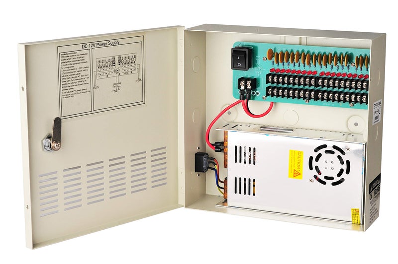 صندوق توزيع الطاقة CCTV DC بجهد 12 فولت و30 أمبير مع فيوز قابل لإعادة الضبط من EVERSECU 18 قناة مع قابس AC وقفل لكاميرات الأمان وDVRs ومصدر طاقة CCTV