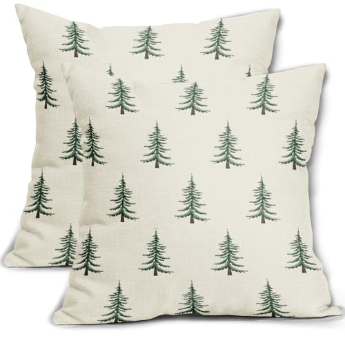 Sivirary Christmas Pillow Covers 18x18 Inch Set of 2 Xmas Tree Forest Green Cream Decorative Throw Pillowcases Outdoor Winter Farmhouse Holiday Cushion Cases Decor for Sofa Couch Bed - Image 1