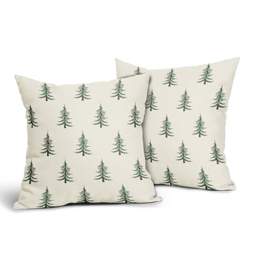 Sivirary Christmas Pillow Covers 18x18 Inch Set of 2 Xmas Tree Forest Green Cream Decorative Throw Pillowcases Outdoor Winter Farmhouse Holiday Cushion Cases Decor for Sofa Couch Bed - Image 3