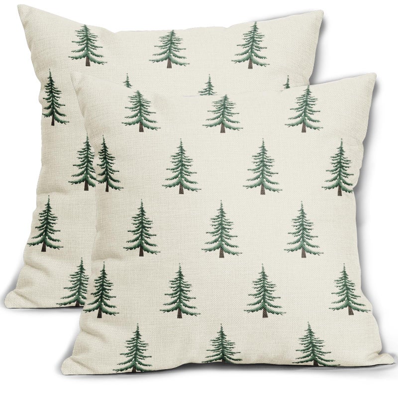 Sivirary Christmas Pillow Covers 18x18 Inch Set of 2 Xmas Tree Forest Green Cream Decorative Throw Pillowcases Outdoor Winter Farmhouse Holiday Cushion Cases Decor for Sofa Couch Bed - Image 2