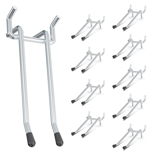 HUHOLE 10 Pack 4 Inch Double Arm Pegboard Hooks for 1/4" Peg Board – Heavy Duty Metal Utility Holders (40lb Capacity) – Garage Storage Organizer for Drills, Hammers, Mallets & Power Tools (Silver) - Image 1