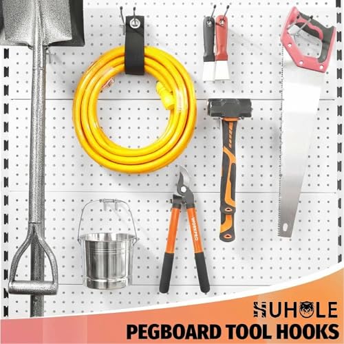 HUHOLE 10 Pack 4 Inch Double Arm Pegboard Hooks for 1/4" Peg Board – Heavy Duty Metal Utility Holders (40lb Capacity) – Garage Storage Organizer for Drills, Hammers, Mallets & Power Tools (Silver) - Image 4
