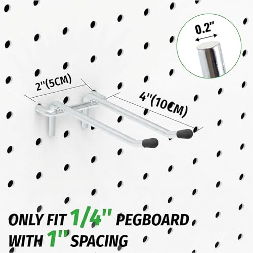 HUHOLE 10 Pack 4 Inch Double Arm Pegboard Hooks for 1/4" Peg Board – Heavy Duty Metal Utility Holders (40lb Capacity) – Garage Storage Organizer for Drills, Hammers, Mallets & Power Tools (Silver) - Image 3